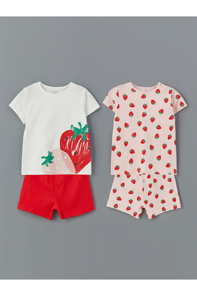 LC Waikiki Ecru strawberry Printed baby girl shorts pajama set of 2