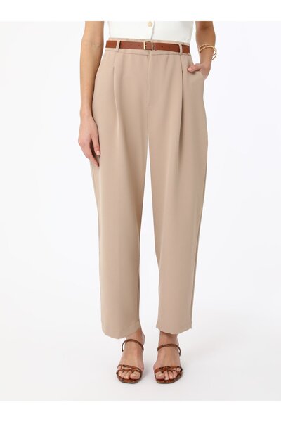 Refka Basic Kalıp Kemerli Yüksek Bel Pantolon - Bej - Refka