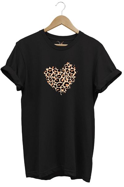 WİDİ Tricou negru cu decolteu crew, 100% bumbac, cu imprimeu leopard
