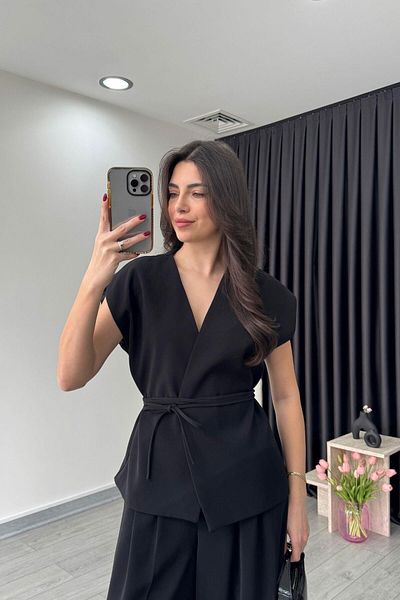 ECEMİ Bella Lacing Detail Black Vest Trousers Suit