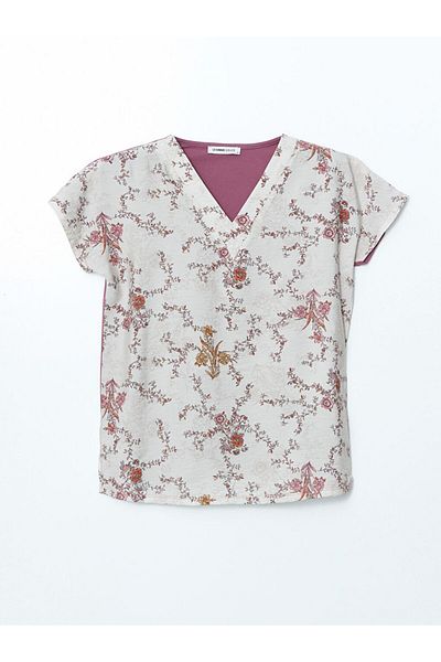 LC Waikiki Lcw Grace Ecru V-Neck Floral Women's Blouse