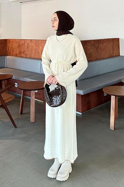 lamelif.com Ribbed Sleeves and Hem Cuffed Knitwear Hijab Dress Cream