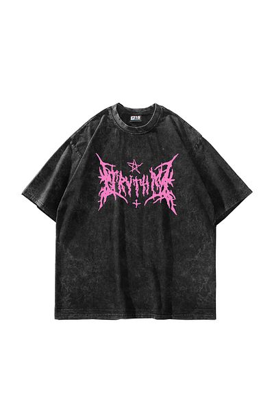 Sekizbiraltı Unisex Oversize Μαύρο T-Shirt - Pink Gothic Printed, Washable