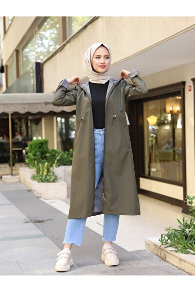 HARMONY GLOBAL Kadın Haki Bileği Ve Içi Çizgili Kapüşonlu Bondip Uzun Trençkot Kap