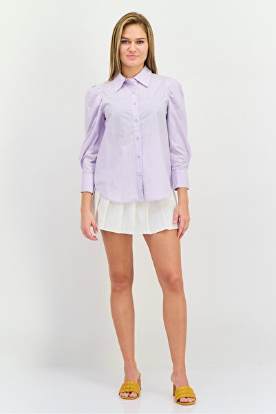 Steve Madden Women Pointed Collar Plain Long Sleeve Shirts, Light Purple