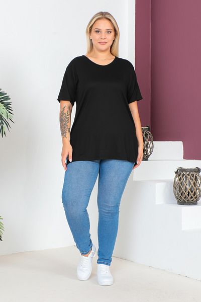 tarzımsüper Plus Size New Season Comfort Model Crew Neck Short Sleeve Combed Cotton Slit Tunic T-Shirt