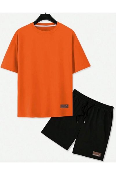 BYMEER Orange Black Think Make It Printed Shorts T-Shirt Set