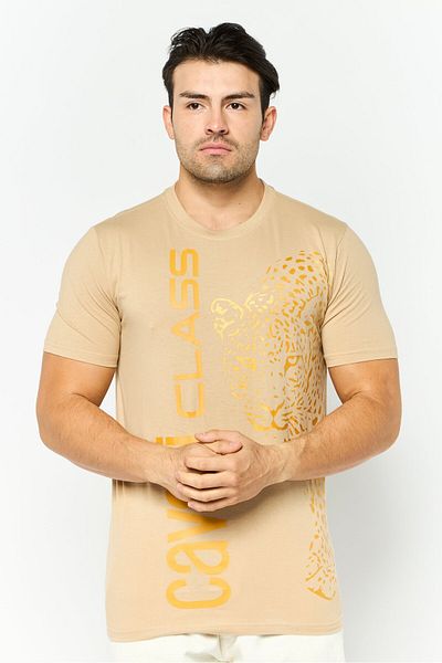 Cavalli Class Men Crew Neck Short Sleeve Brand Logo T-shirt, Beige