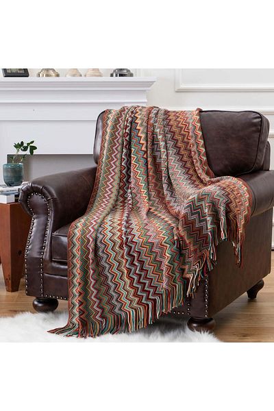 COOYA Boho Knit Throw Blanket,Soft Cozy Warm Stripe Woven Blanket with Tassels for Couch, 130x200cm, Red