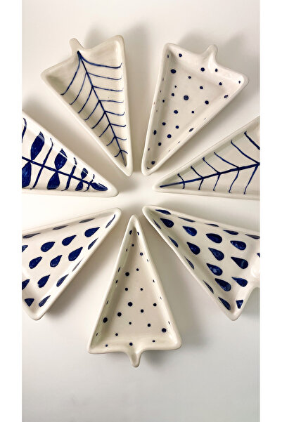 zeynep El Yapımı Seramik Üçgen Kahvaltı Çerez Tabağı 7’li Set Mavi Desen