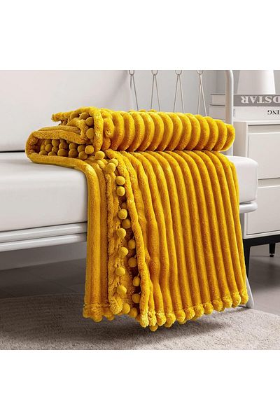 COOYA Fleece Blanket Twin Size – 51x63, Yellow with Pompom Fringe - Flannel Blanket Throw Blanket