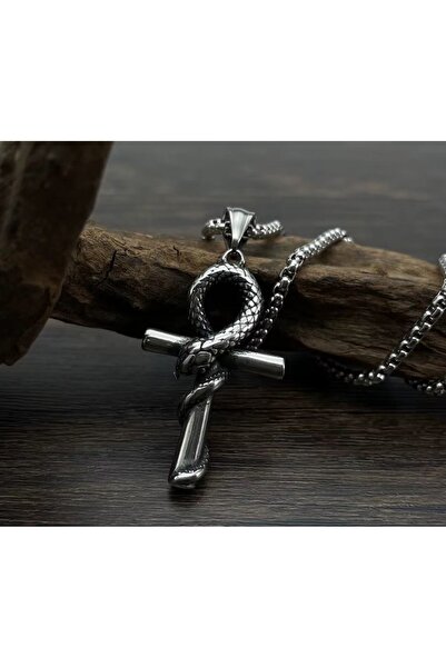 VİKİNGS Paslanmaz Kararmaz Çelik Yılan Detaylı Antik Mısır Ankh Kolye / Yaşam...