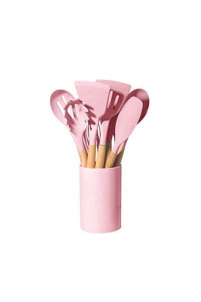 Kitchen Dream 12 Piece Wooden Silicone Kitchen Set - Pastry, Ladle, Beater Brush and Colander Spoon Holder Tongs Spatula