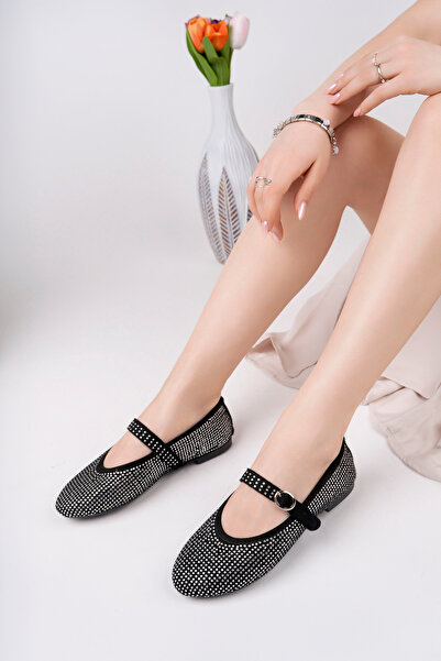 RoseVeno Women's Black Thin Stone Daily Ballerina Shoes with Helmet