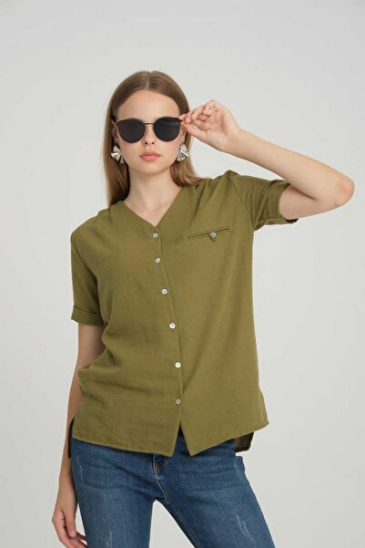 BERNE KETEN V YAKA FLETO CEPLİ KISA KOL GÖMLEK