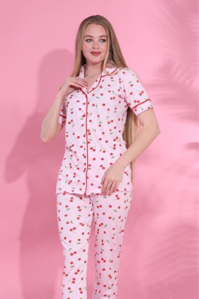 Elit Women's Buttoned Ribbed Knitted Short Sleeve Pink Cherry Patterned Pajama Set