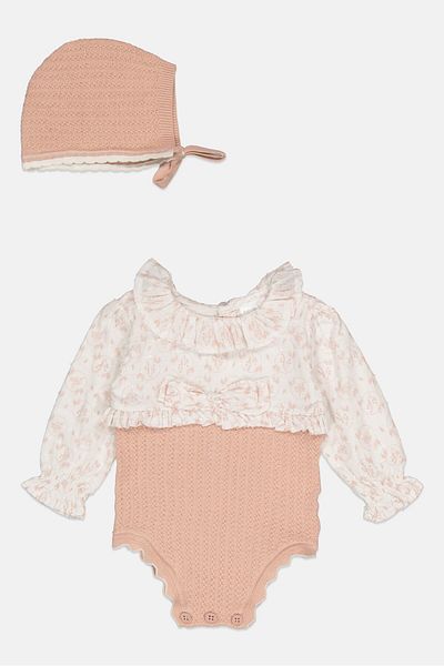 Rock A Bye Baby Boutique Toddlers Girl 2 Pieces Floral Print Bodysuit And Cap Set, Rose Gold
