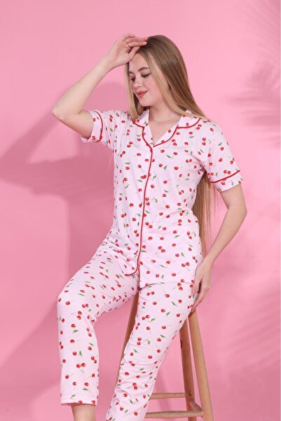 Elit Women's Buttoned Ribbed Knitted Short Sleeve Pink Cherry Patterned Pajama Set
