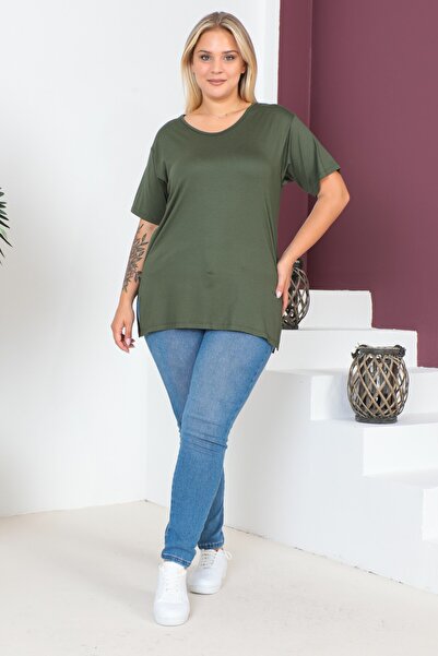 tarzımsüper Plus Size New Season Comfort Model Crew Neck Short Sleeve Combed Cotton Slit Tunic T-Shirt