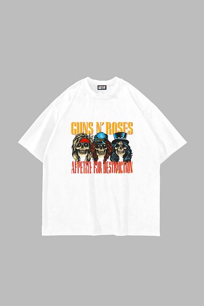 Sekizbiraltı Gun's N Roses Destruction 24/1 Oversize Λευκό Unisex T-Shirt