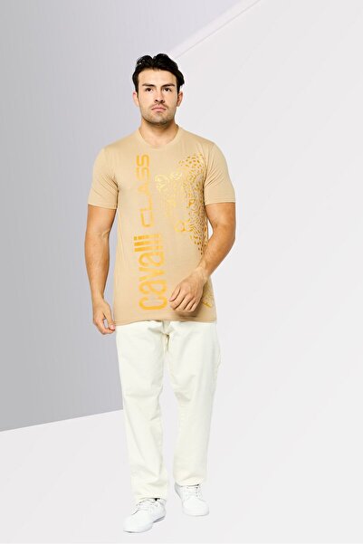 Cavalli Class Men Crew Neck Short Sleeve Brand Logo T-Shirt, Beige