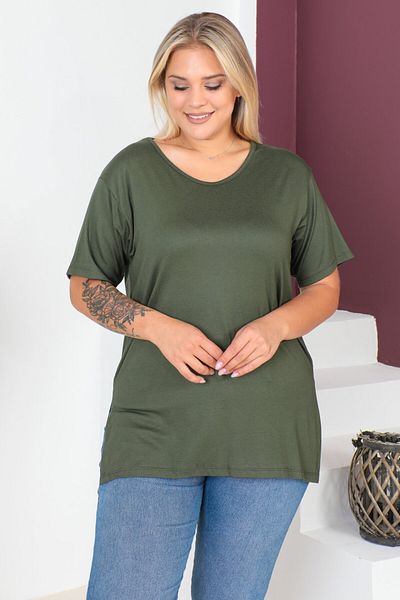 tarzımsüper Plus Size New Season Comfort Model Crew Neck Short Sleeve Combed Cotton Slit Tunic T-Shirt
