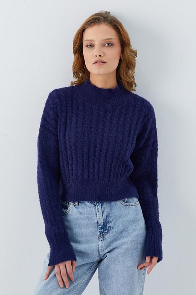 Mixray 6893 Women's Braided Beard Crop Knitwear Sweater Navy Blue