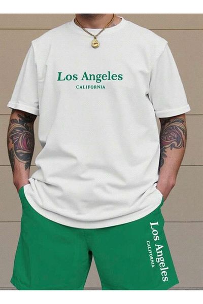 BYMEER White Green Los Angeles Printed Shorts T-Shirt Set