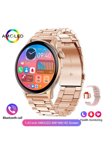 ChiBear Rose gold steel 2024 True AMOLED Smart Watch Ladies Screen Always Show Time 466*466 HD Health Tracke