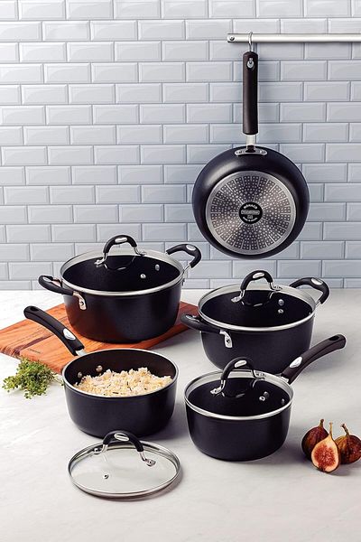 TRAMONTINA Since 1911, Made In Brazil - Monaco Induction Ready 9 Pieces Black Aluminum Cookware Set