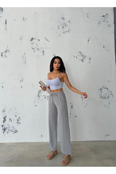 Ozy Fashion High Waist, Elastic Waist, Pocket Flared Linen Wide Leg Summer Gray Trousers