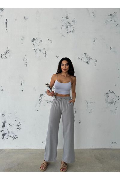 Ozy Fashion High Waist, Elastic Waist, Pocket Flared Linen Wide Leg Summer Gray Trousers
