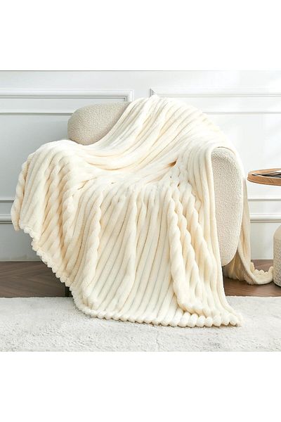 COOYA Throw Blanket for Couch, Soft Fluffy Warm Cozy Flannel Fleece Blanket, Wide Stripe, Beige 152x203CM