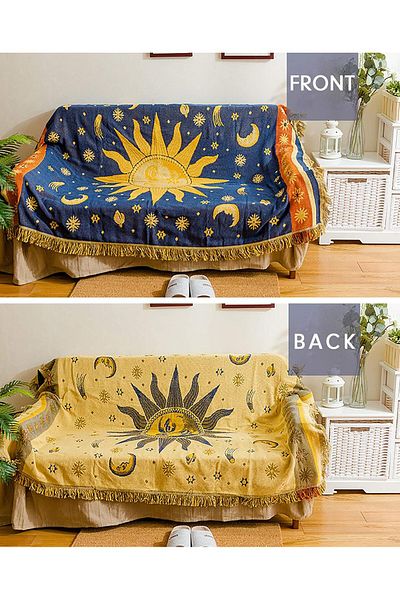 COOYA Sun And Moon Stars Throw Blanket, Celestial Tapestry Double-sided Reversible Woven Cotton Home