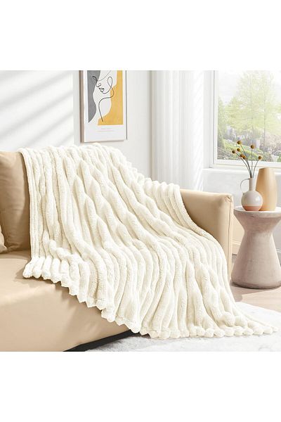 COOYA Throw Blanket for Couch, Soft Fluffy Warm Cozy Flannel Fleece Blanket, Wide Stripe, Beige 152x203CM