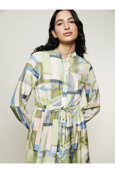 LC Waikiki Lcw Modest Green Judge Collar Patterned Women's Shirt Dress