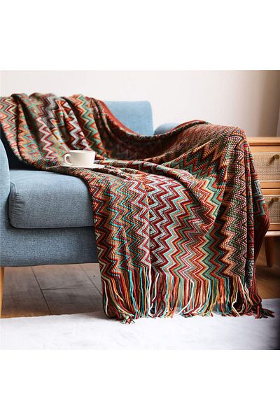 COOYA Boho Knit Throw Blanket,Soft Cozy Warm Stripe Woven Blanket with Tassels for Couch, 130x200cm, Red