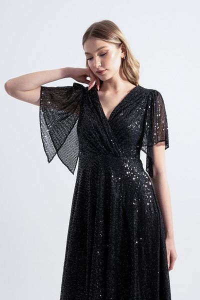 HOX'S Angel Black Midi Evening Dress - Sequined, Double Breasted Collar and Asymmetric Skirt