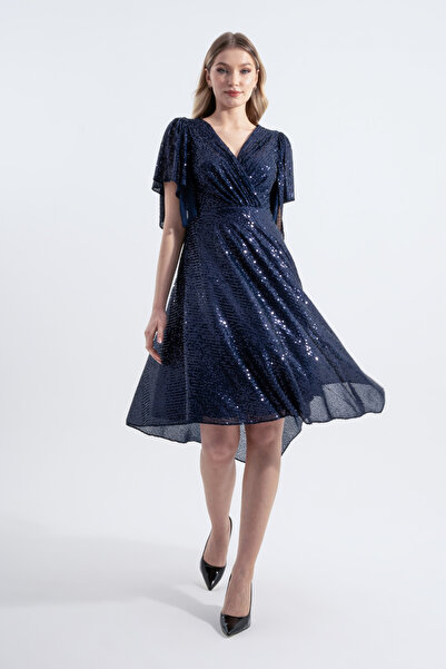 HOX'S Rochie de seară midi cu paiete înger - decolteu dublu și tiv asimetric, mânecă batista - bleumarin