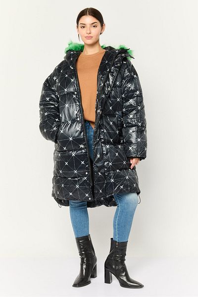 collusion Women Allover Printed Puffer Jacket, Black