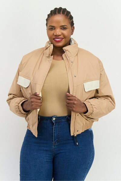 Asos 4505 جاكيت بومبر نسائي كبير الحجم بلونين، بني ناعم