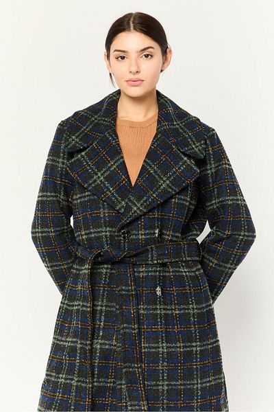 Anne Klein Women Plaid Belted Trench Coat, Black