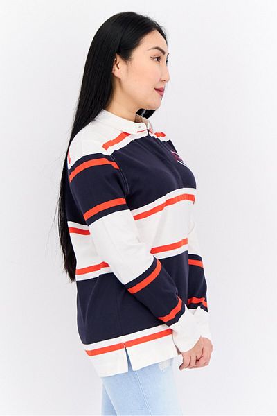 Gant Women Regular Fit Long Sleeves Stripe Polo Shirt, Navy