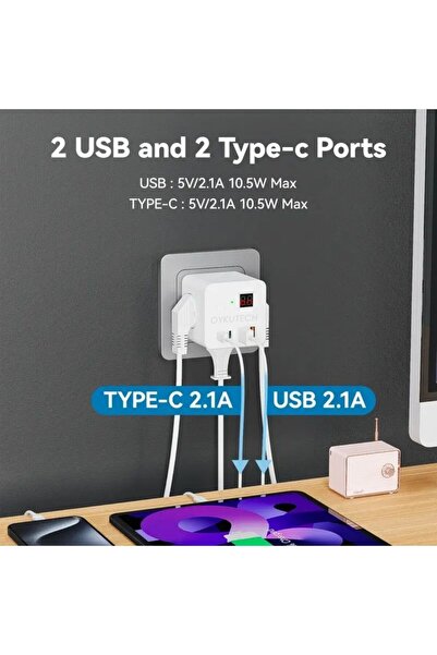 OYKUTECH Akım Korumalı Priz 3x AC 2x Usb 2x Type C Çıkış