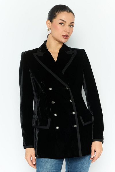 Emporio Armani Women Regular Fit Velvet Trench Coat, Black