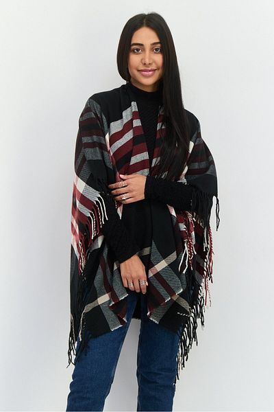 Adrienne Vittadini Women Plaid Ruana Poncho 100 L X 80 H Cm, Black