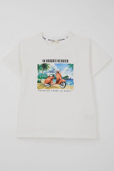 Breeze Men's T-Shirt - Tropical Hawaiian with Scooter, 5-10 Years, Ecru