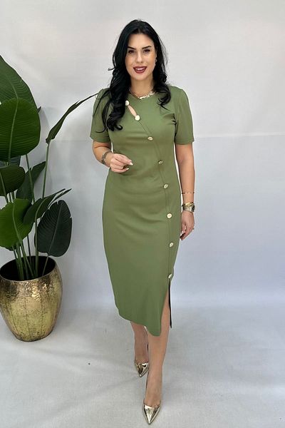 GÖKSEL Gold Buttoned Plus Size Dress - Khaki