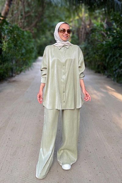 Ka Hijab Shiny Textured Loose Cut Double Suit - Water Green