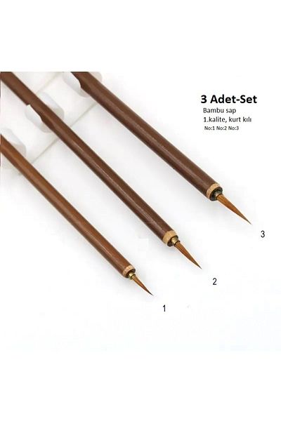 Sanathobi Tahrir Brush Set No:1-2-3 Wolf Hair, Bamboo Handle (China, Ceramic, Tezhip, Miniature) 1St Quality-3 Pieces
